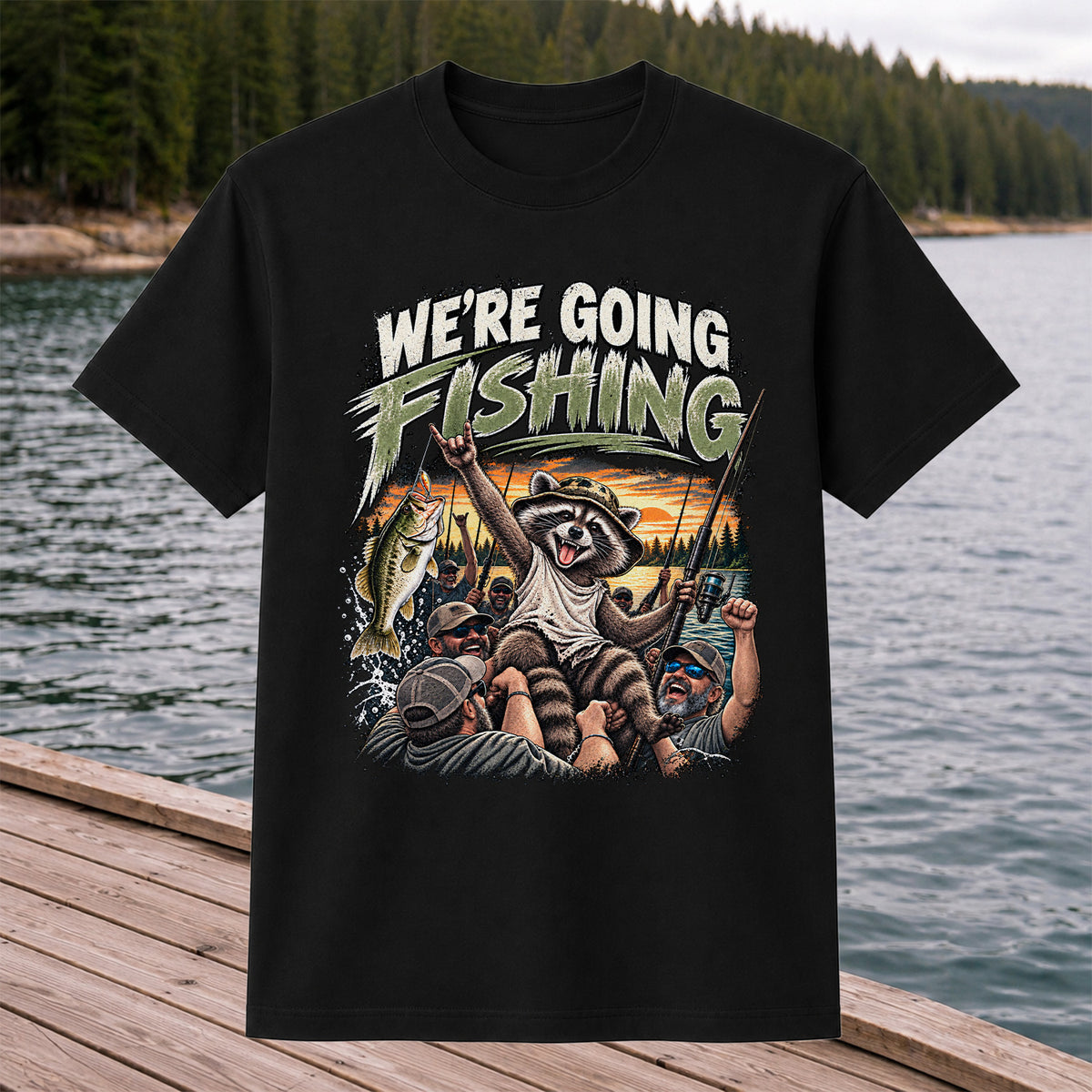 We're Going Fishing Raccoon Outdoor Fishing Graphic T-Shirt