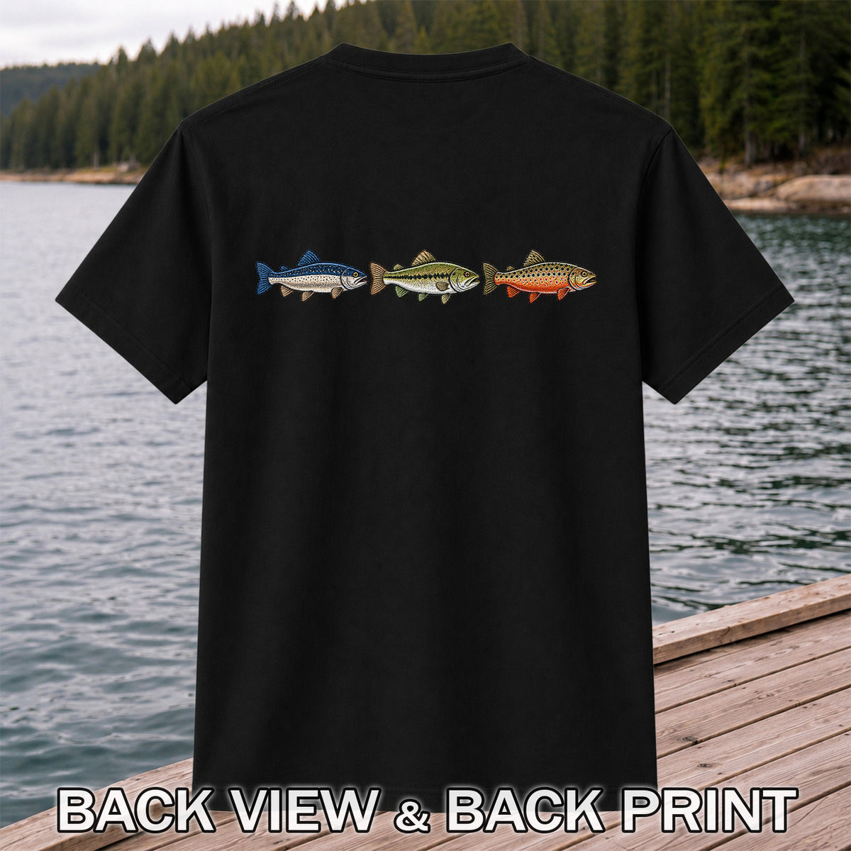 Trout and Bass Trio Minimalist Fishing Graphic T-Shirt | Back Print