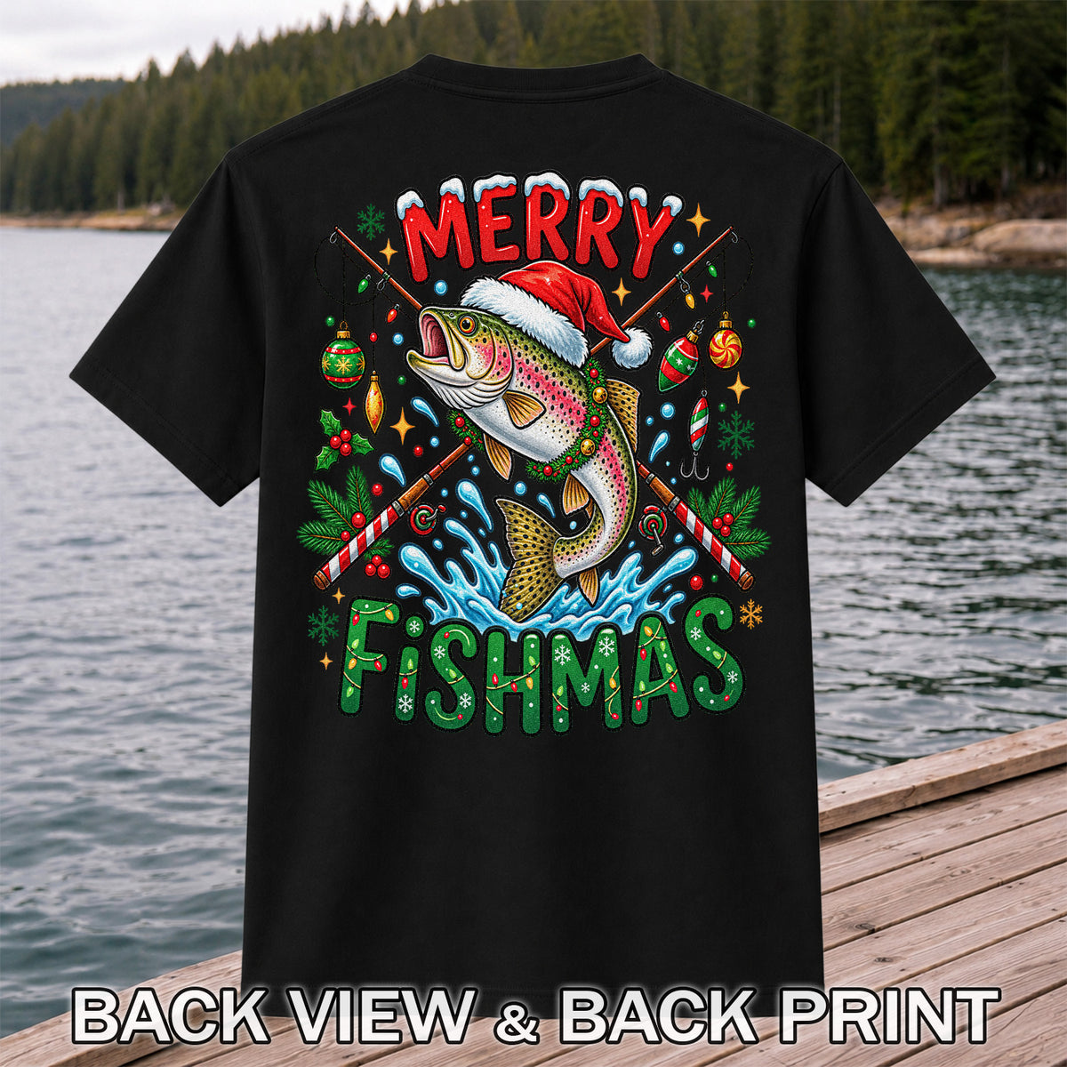 Merry Fishmas Santa Trout Christmas Fishing Graphic T-Shirt | Back Print