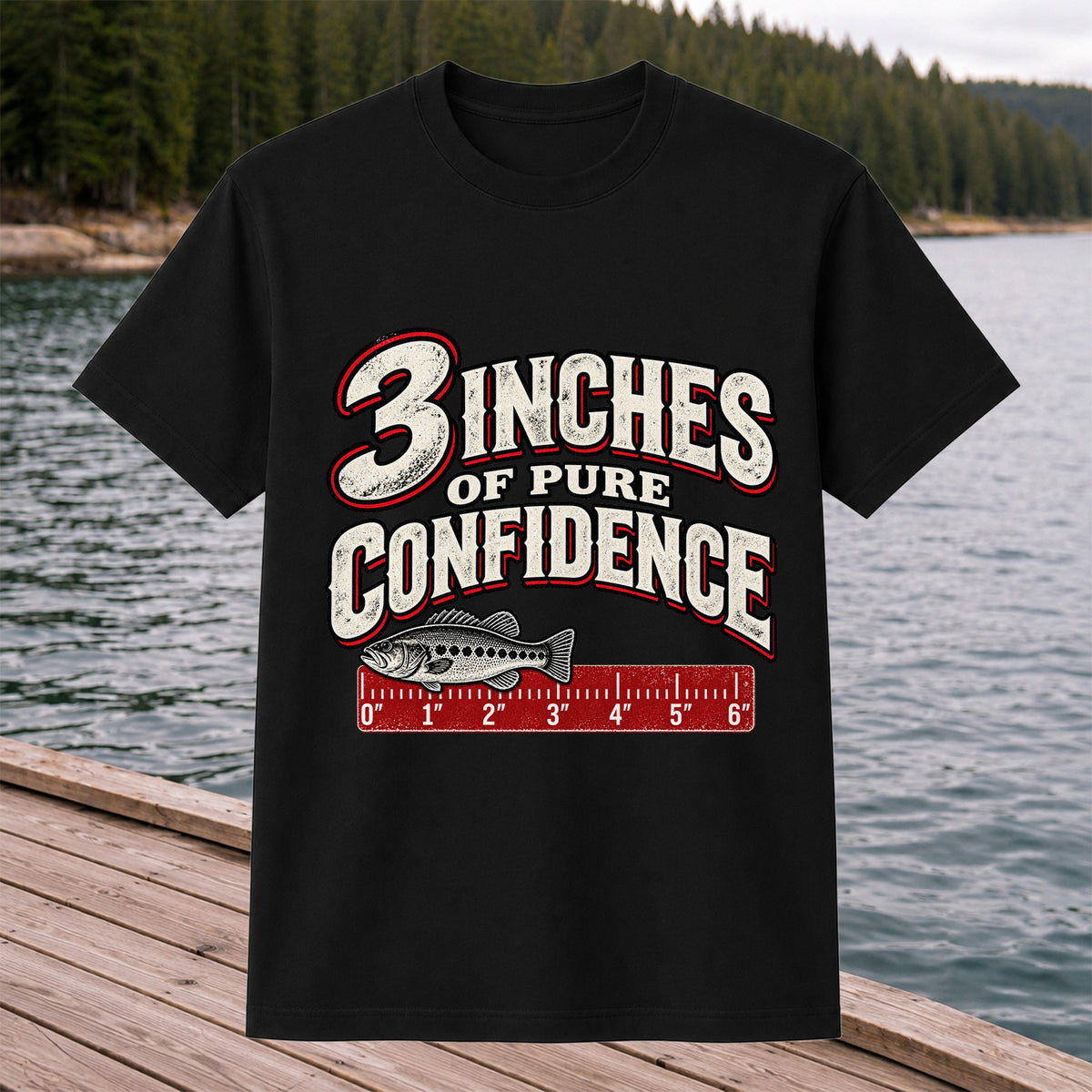 3 Inches of Pure Confidence Bass and Ruler Funny Fishing T-Shirt