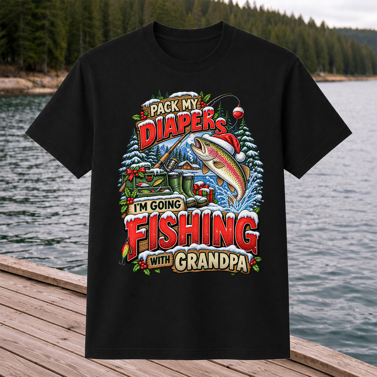 Pack My Diapers I'm Going Fishing With Grandpa Christmas Rainbow Trout T-Shirt