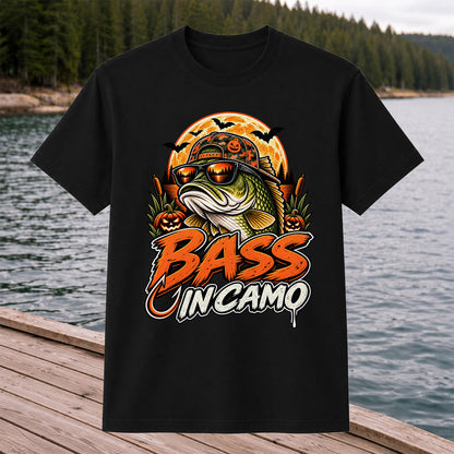 Bass in Camo Halloween Bass Fishing Graphic T-Shirt