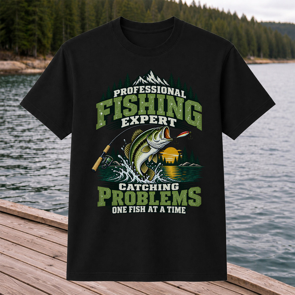 Professional Fishing Expert Catching Problems One Fish at a Time Bass T-Shirt
