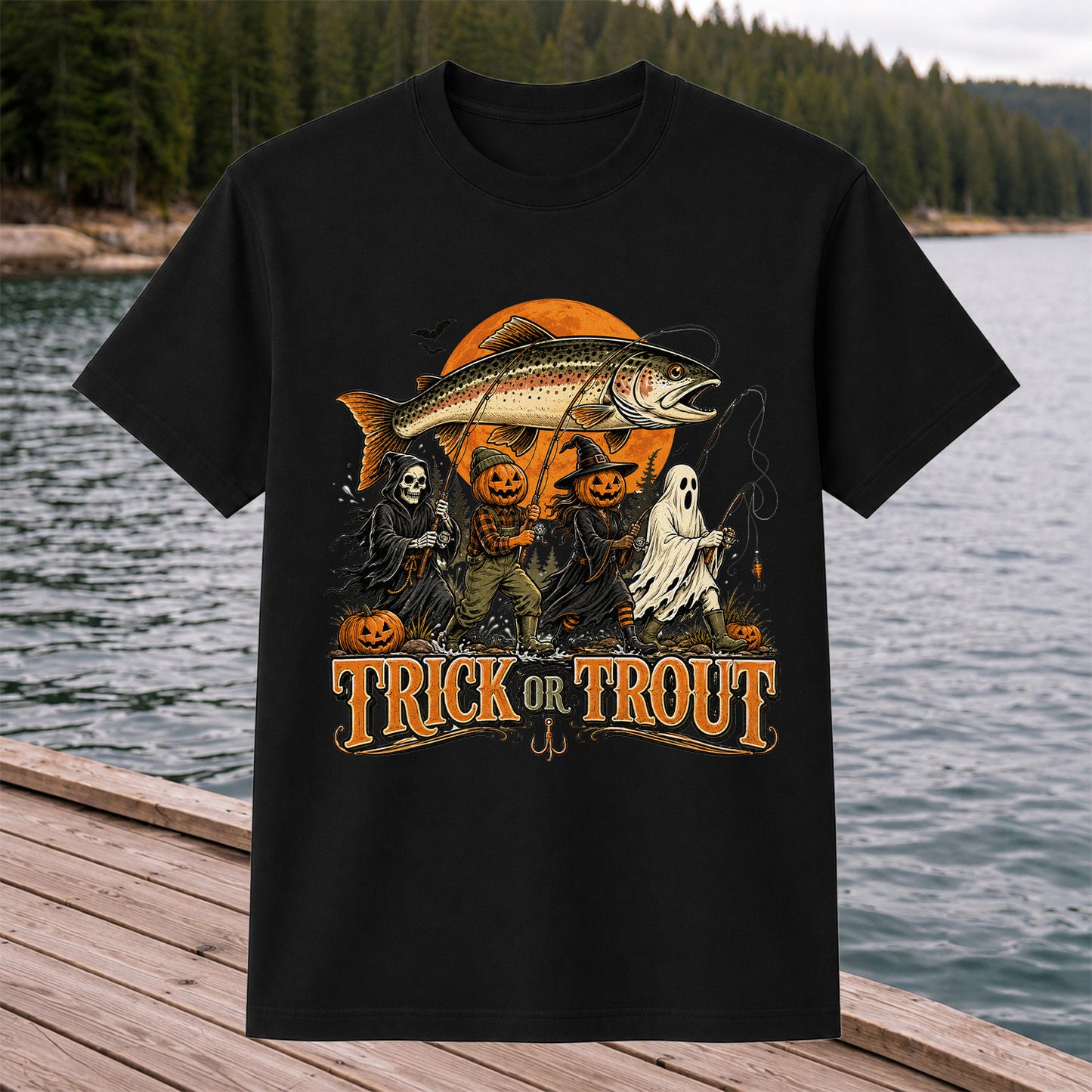 Trick or Trout Halloween Fishing T-Shirt, Vintage Trout Angler Tee