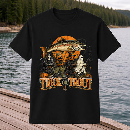 Trick or Trout Halloween Fishing T-Shirt, Vintage Trout Angler Tee