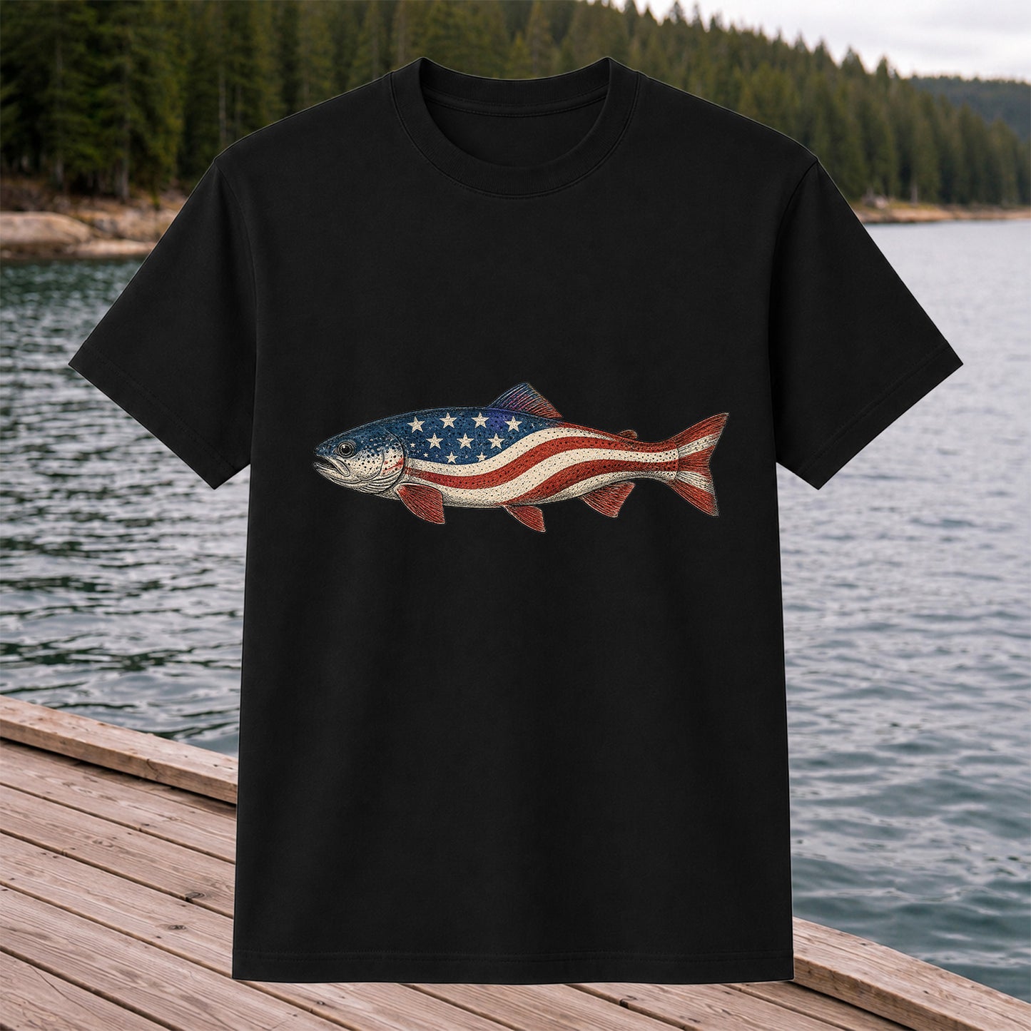 American Flag Trout Patriotic Fishing Graphic T-Shirt