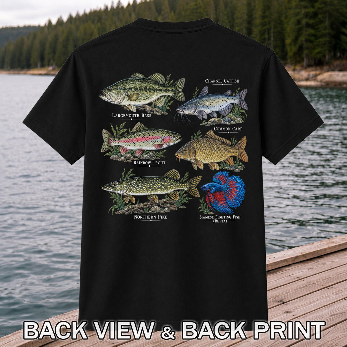 Bass Trout Catfish Carp Pike and Betta Freshwater Fish Graphic T-Shirt | Back Print