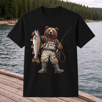Bear Fishing with Rainbow Trout Outdoor Graphic T-Shirt