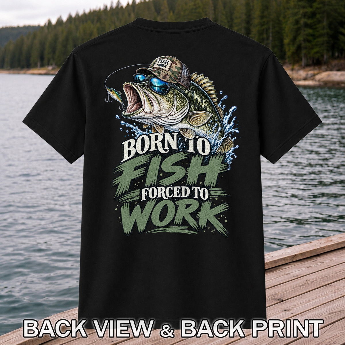 Born to Fish Forced to Work Bass Graphic T-Shirt | Back Print
