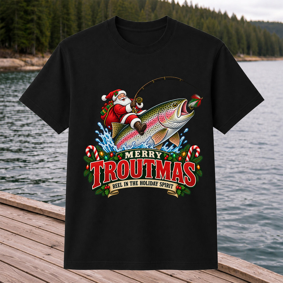 Merry Troutmas Reel in the Holiday Spirit Santa Riding Rainbow Trout Christmas Fishing T-Shirt