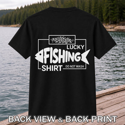 Lucky Fishing Shirt Do Not Wash Fish Silhouette Funny T-Shirt | Back Print