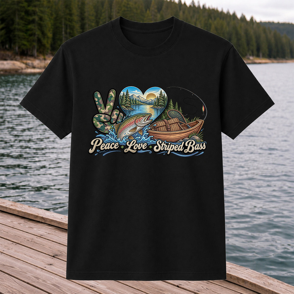 Peace Love Striped Bass Lake and Boat Fishing Graphic T-Shirt