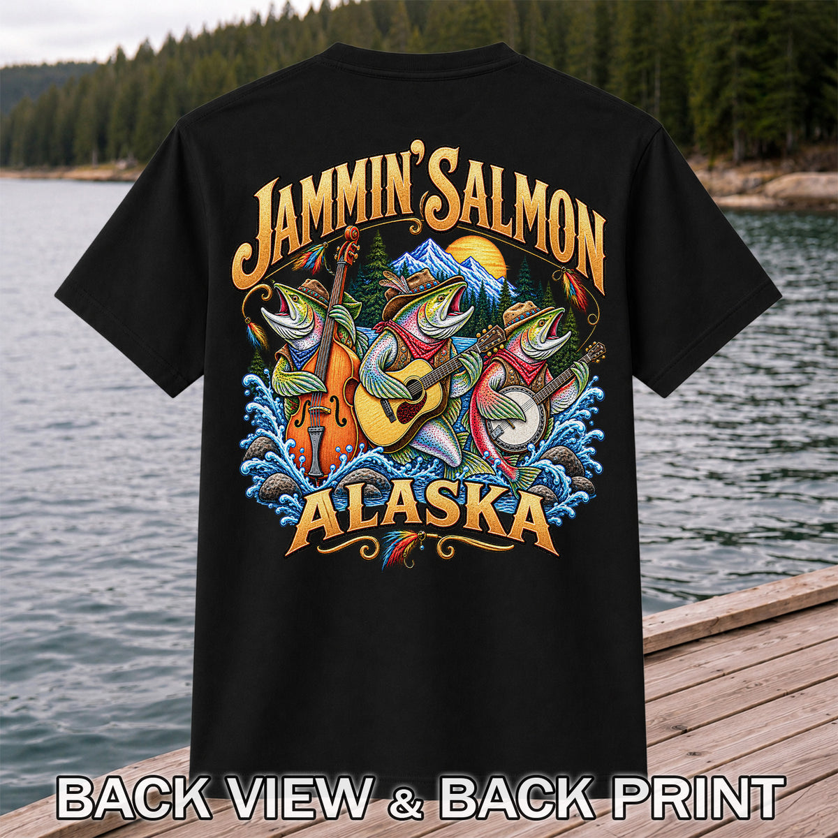 Salmon Music Band Alaska Fishing Graphic T-Shirt | Back Print