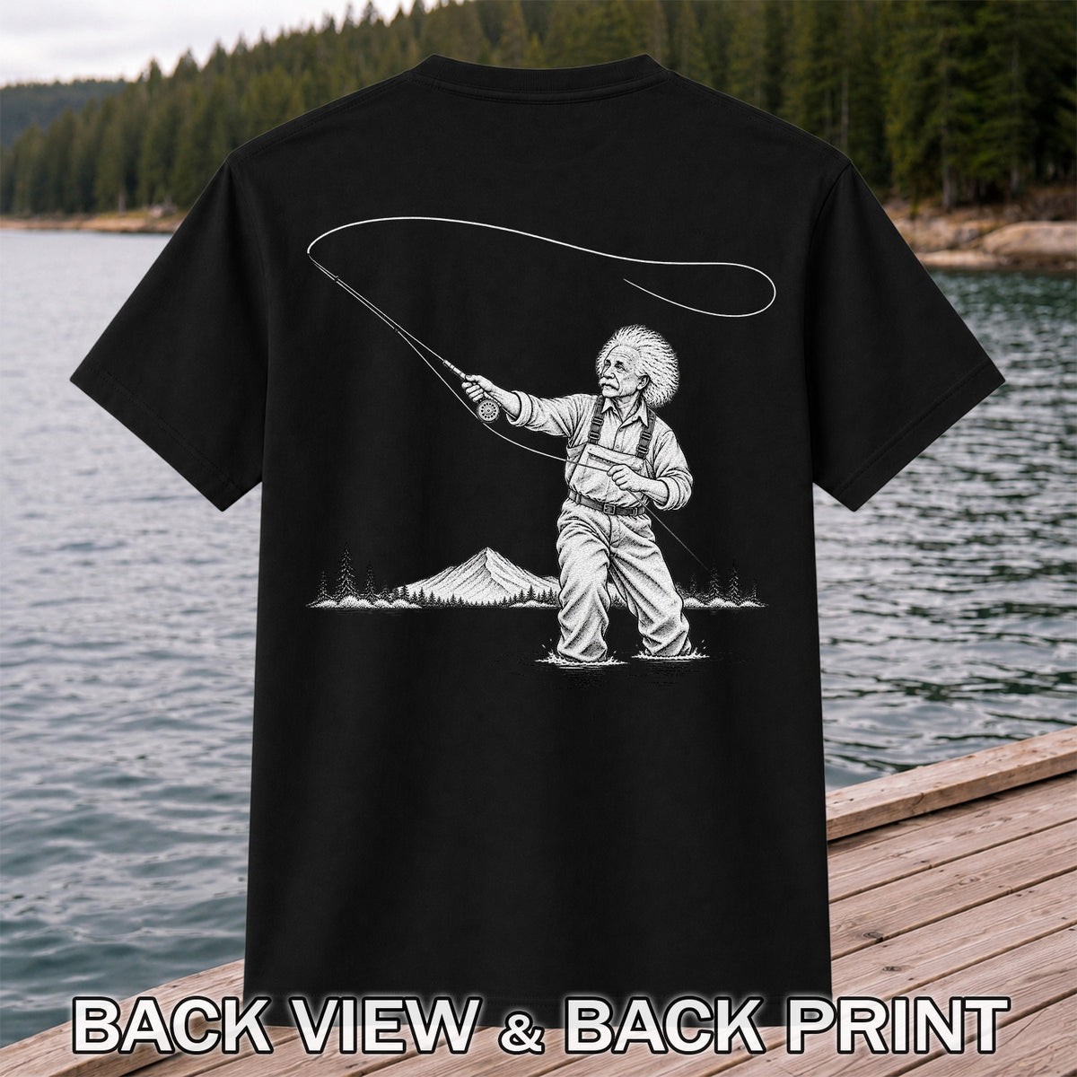 Vintage Fly Fisherman Mountain Lake Fishing Graphic T-Shirt | Back Print