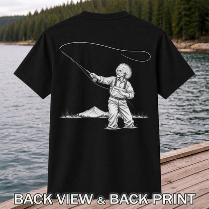 Vintage Fly Fisherman Mountain Lake Fishing Graphic T-Shirt | Back Print