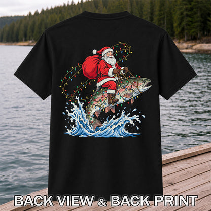 Santa Riding a Christmas-Lighted Rainbow Trout Fishing Graphic T-Shirt | Back Print