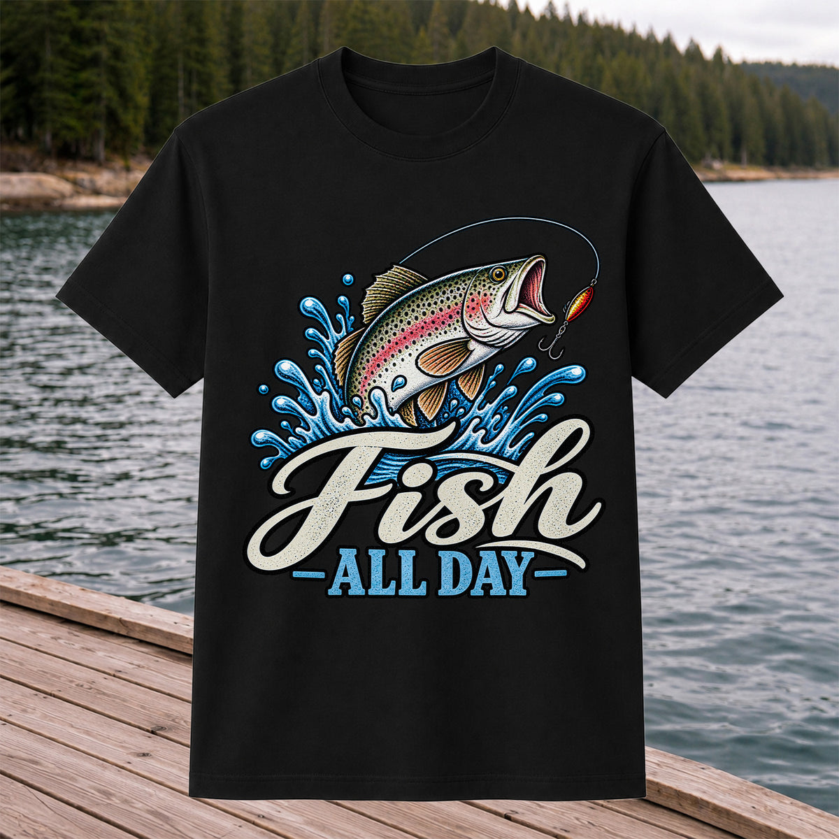 Fish All Day Jumping Rainbow Trout Fishing Graphic T-Shirt