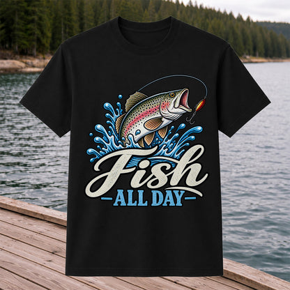 Fish All Day Jumping Rainbow Trout Fishing Graphic T-Shirt