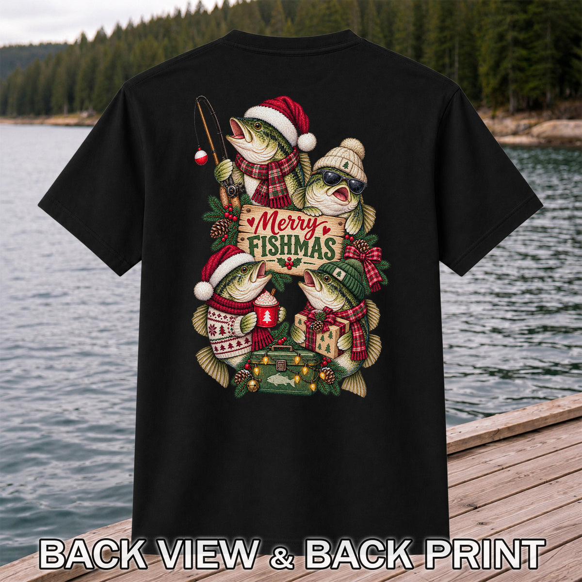 Merry Fishmas Bass Christmas Fishing Graphic T-Shirt | Back Print