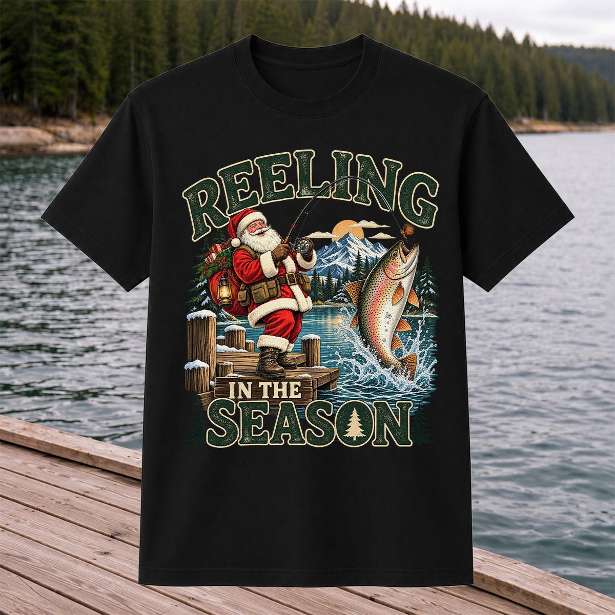 Reeling in the Season Santa Fishing for Rainbow Trout Christmas T-Shirt