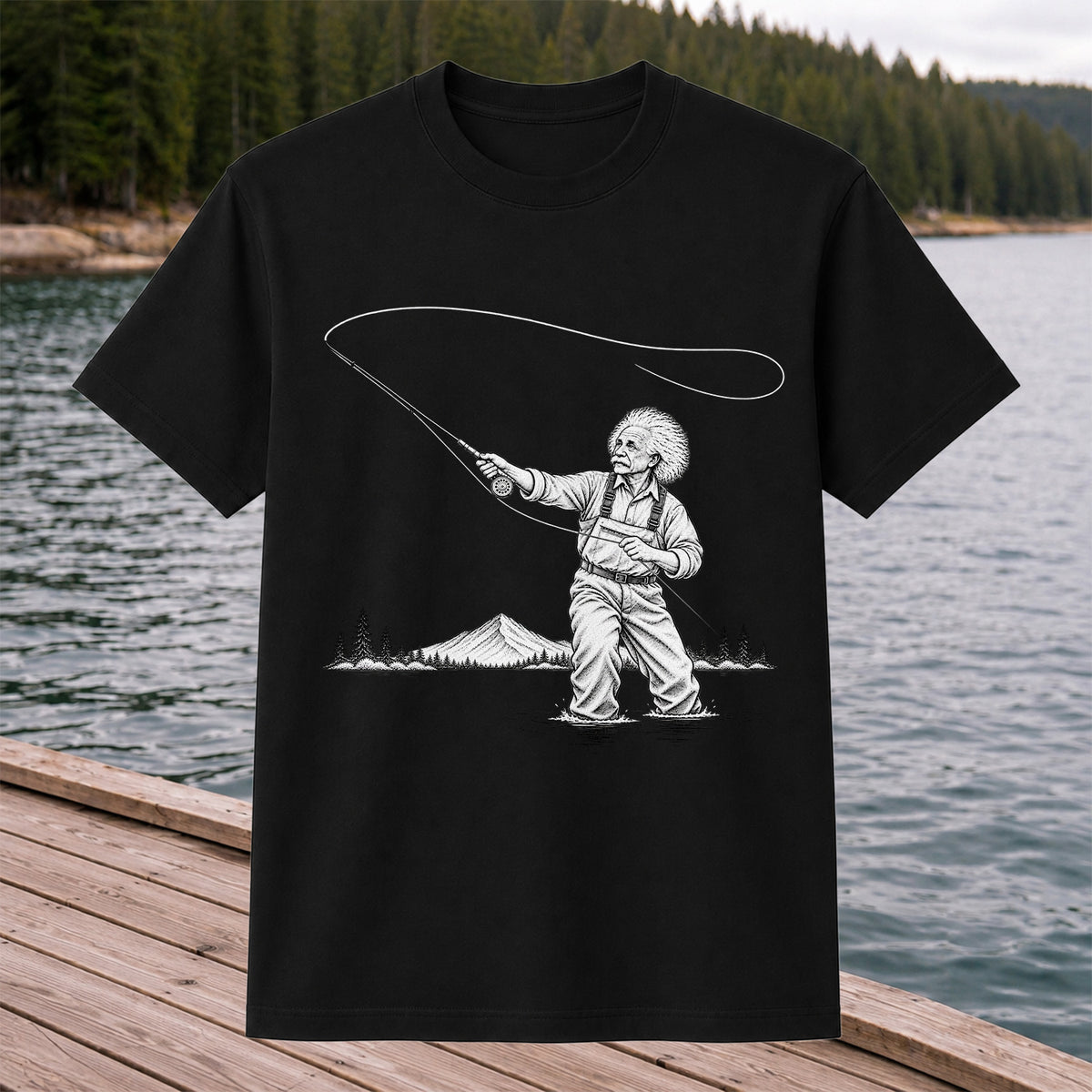 Vintage Fly Fisherman Mountain Lake Fishing Graphic T-Shirt