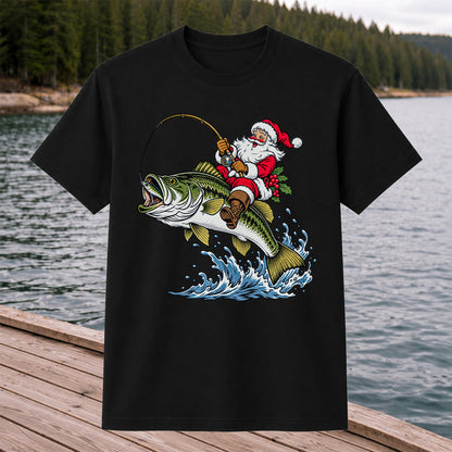 Santa Claus Riding a Bass Christmas Fishing Graphic T-Shirt