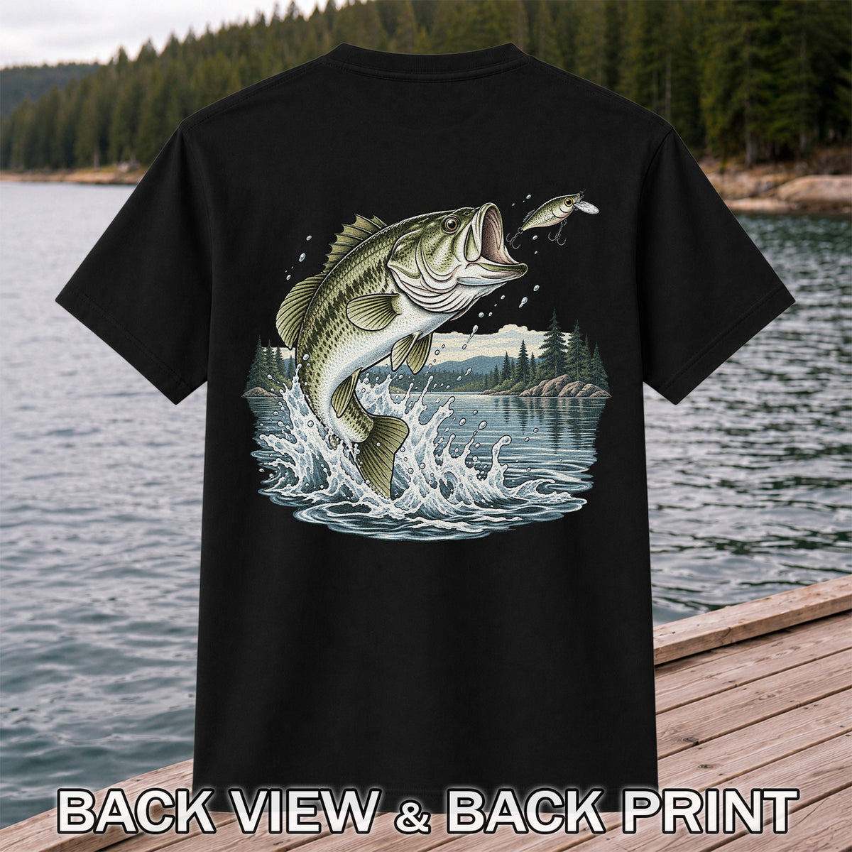 Jumping Largemouth Bass Chasing a Lure Lake Fishing Graphic T-Shirt | Back Print