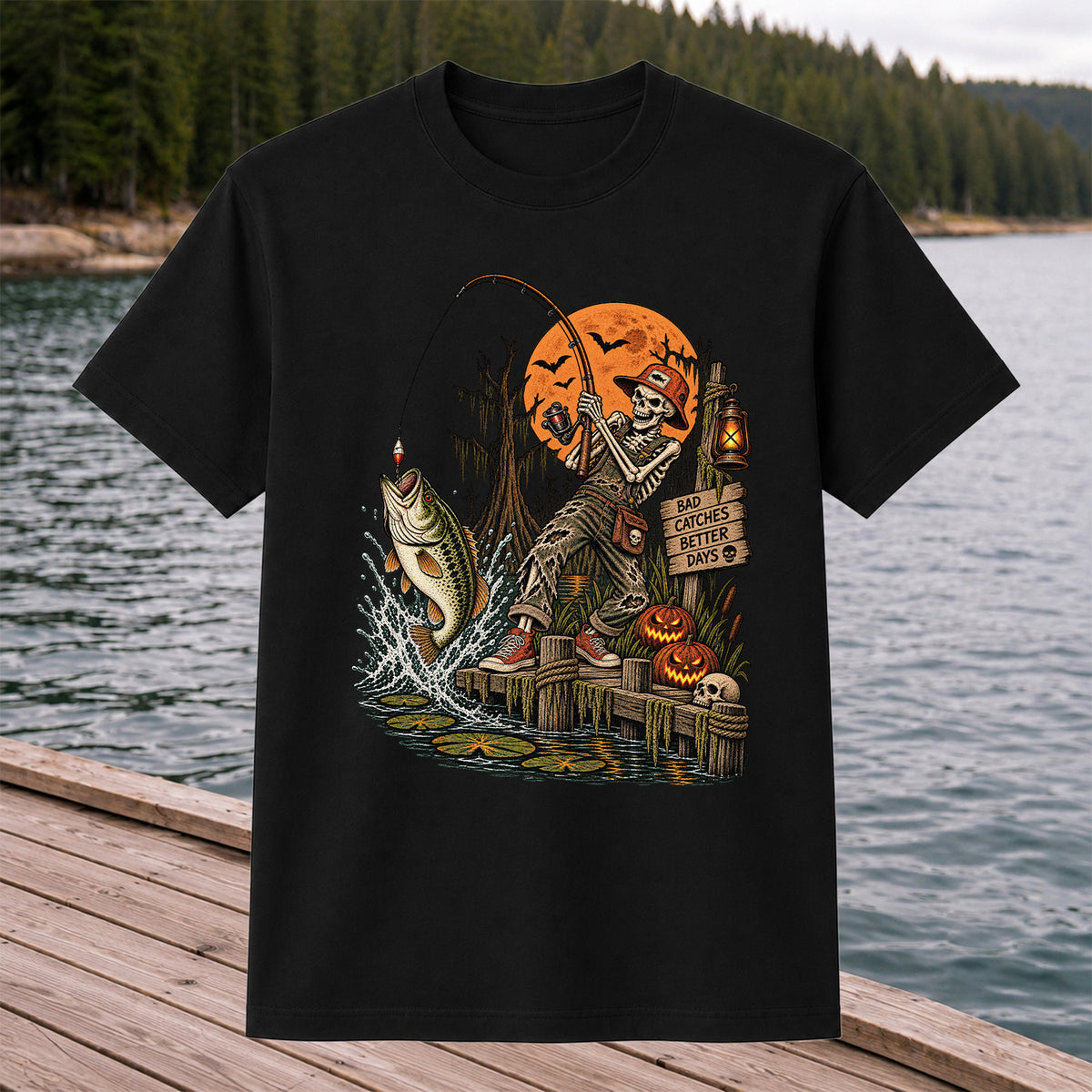 Bad Catches Better Days Skeleton and Bass Halloween Fishing T-Shirt