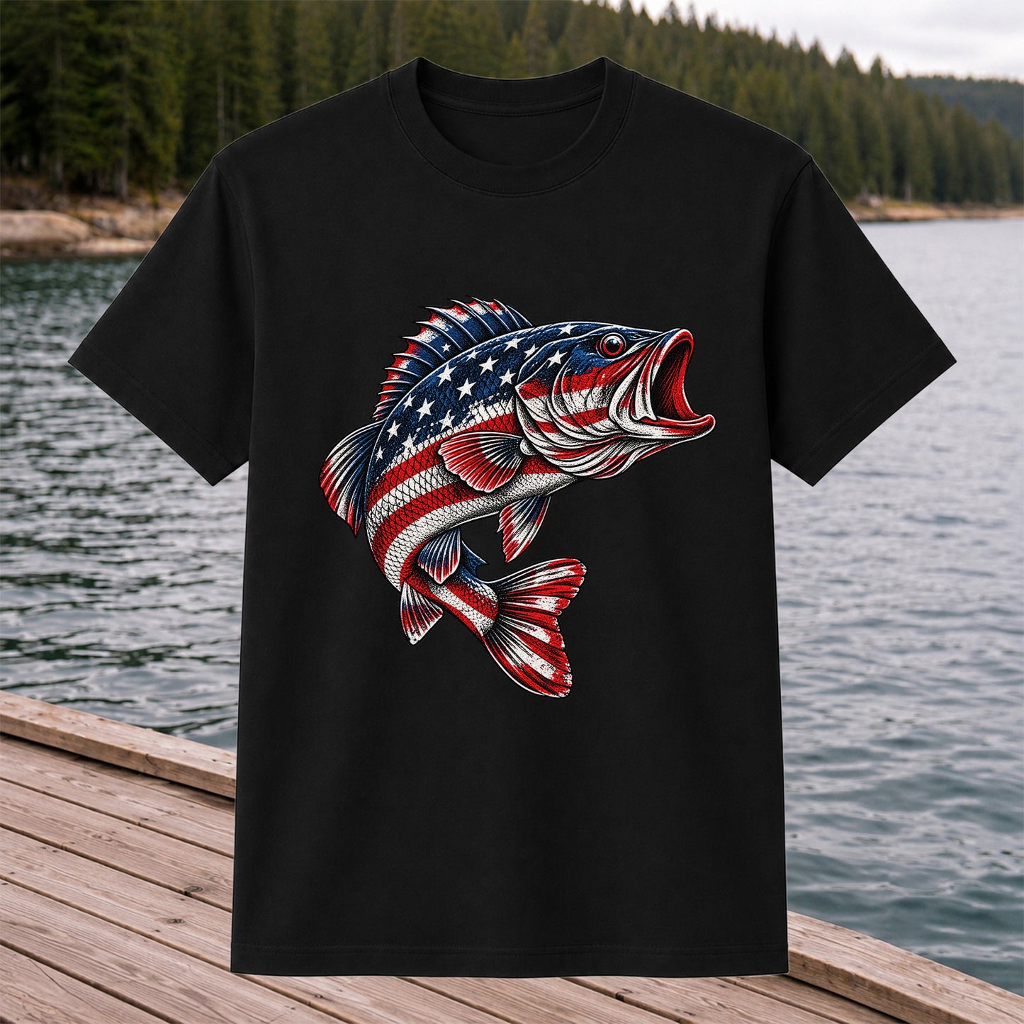 American Flag Largemouth Bass Patriotic Fishing Graphic T-Shirt