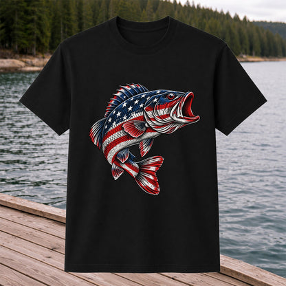 American Flag Largemouth Bass Patriotic Fishing Graphic T-Shirt