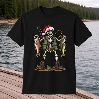 Santa Hat Skeleton Holding Trout and Bass Christmas Fishing T-Shirt