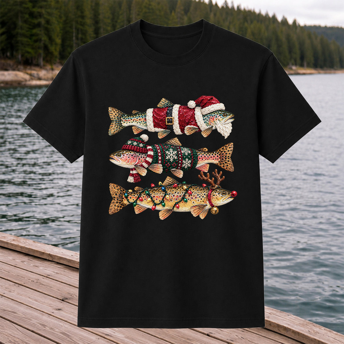 Christmas Trout Fishing Graphic T-Shirt with Festive Fish Artwork