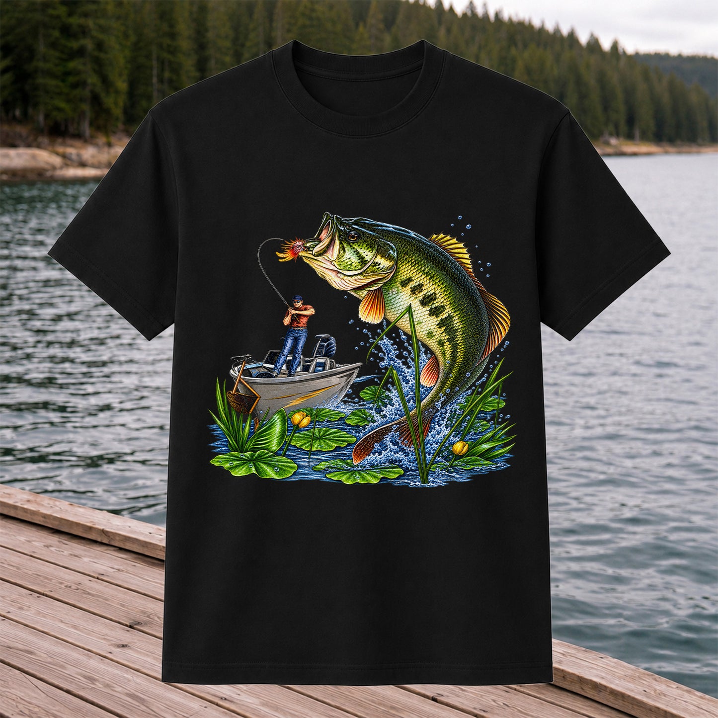 Largemouth Bass Leaping Beside Fishing Boat Graphic T-Shirt