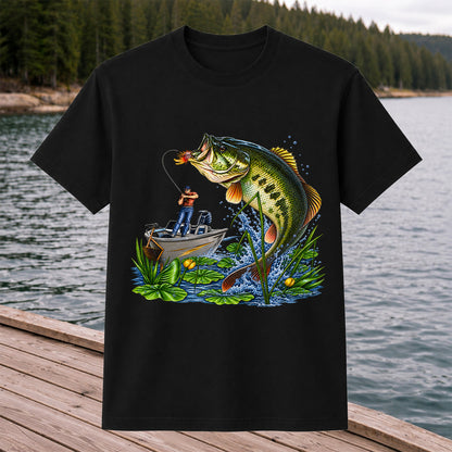 Largemouth Bass Leaping Beside Fishing Boat Graphic T-Shirt
