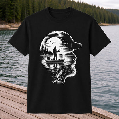 Bearded Angler Silhouette with Lake Fishing Scene Graphic T-Shirt
