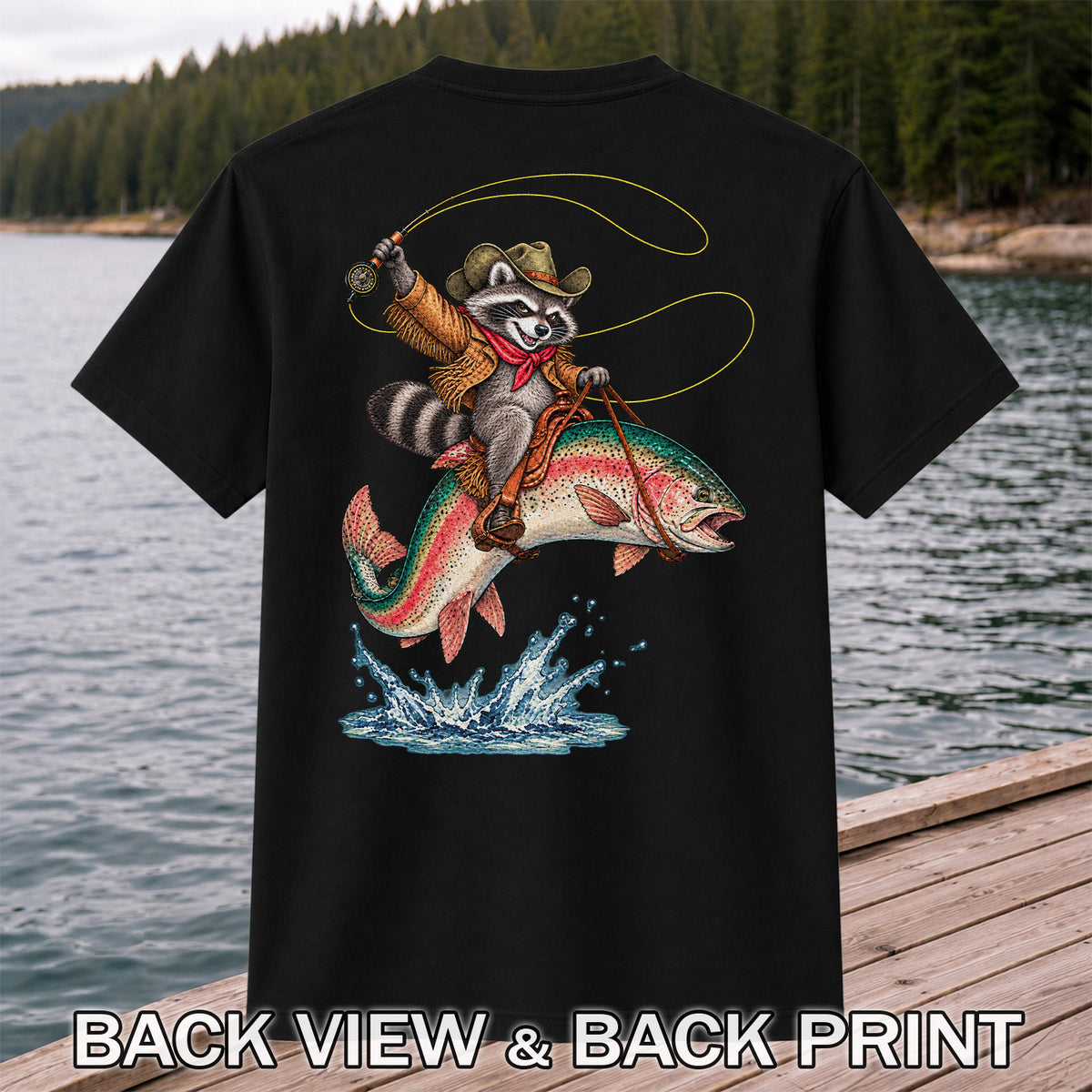 Cowboy Raccoon Riding a Rainbow Trout Fishing Graphic T-Shirt | Back Print