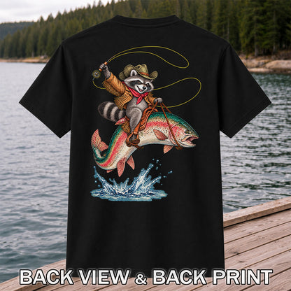 Cowboy Raccoon Riding a Rainbow Trout Fishing Graphic T-Shirt | Back Print