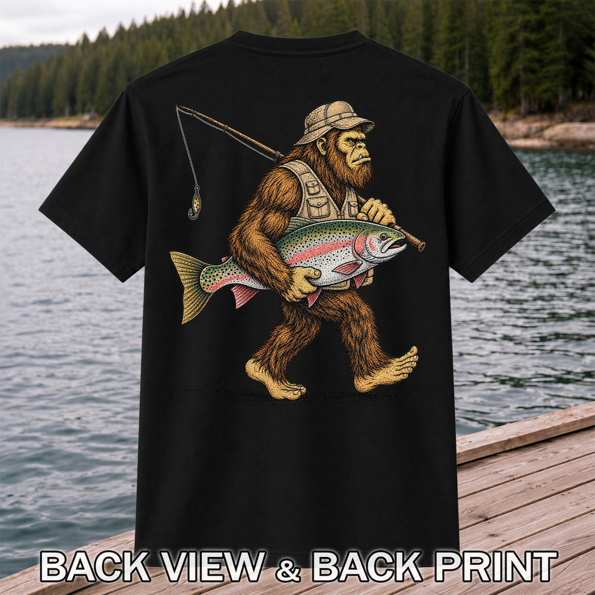 Bigfoot Carrying a Rainbow Trout and Fishing Rod Graphic T-Shirt | Back Print