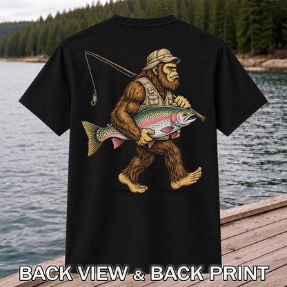 Bigfoot Carrying a Rainbow Trout and Fishing Rod Graphic T-Shirt | Back Print