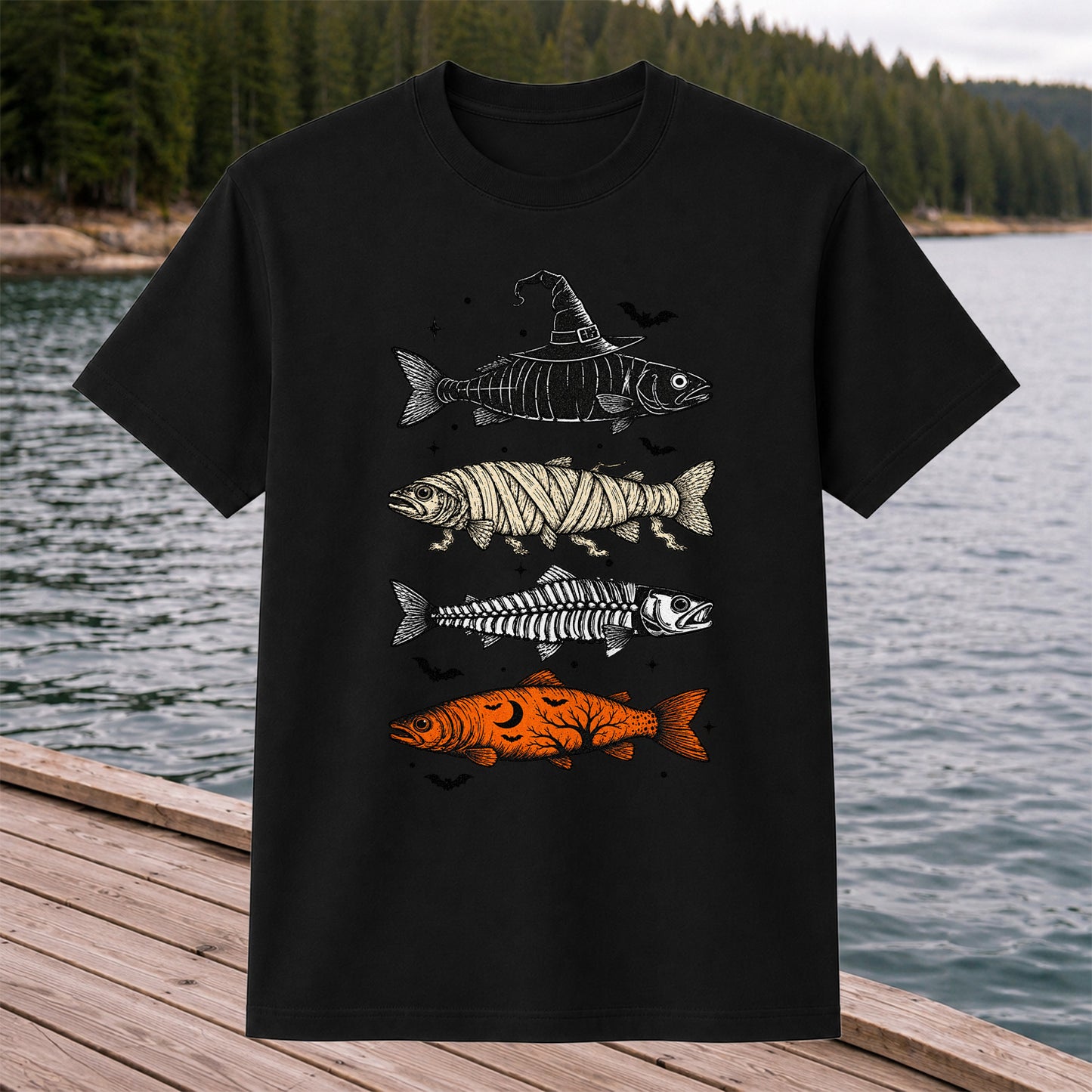 Halloween Witch Mummy Skeleton and Pumpkin Fish Graphic T-Shirt