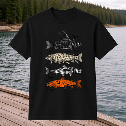 Halloween Witch Mummy Skeleton and Pumpkin Fish Graphic T-Shirt