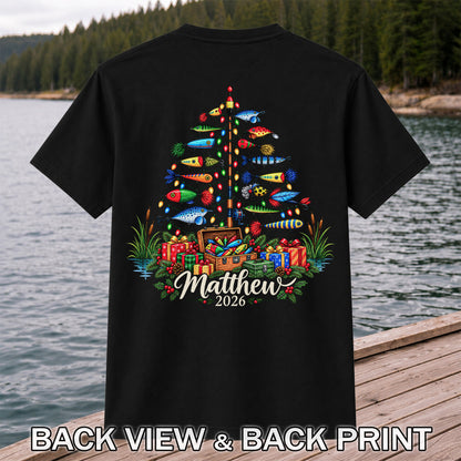 Personalized Christmas Fishing Lure Tree Name Graphic T-Shirt | Back Print