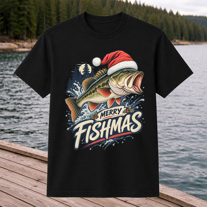 Merry Fishmas Santa Hat Largemouth Bass Fishing T-Shirt