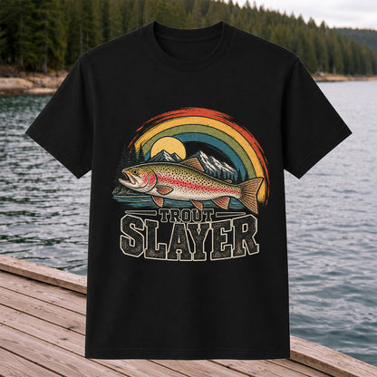 Trout Slayer Rainbow Trout Mountain Fishing Graphic T-Shirt