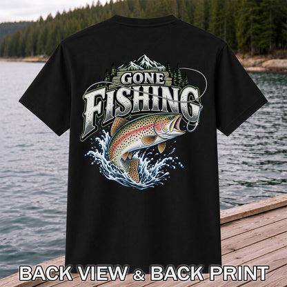 Gone Fishing Rainbow Trout and Mountains Graphic T-Shirt | Back Print
