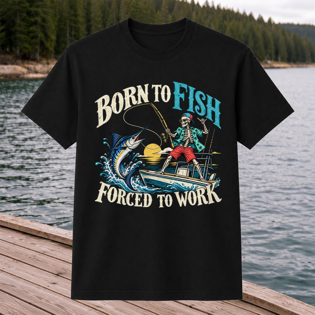 Skeleton Marlin Fishing Boat Graphic T-Shirt