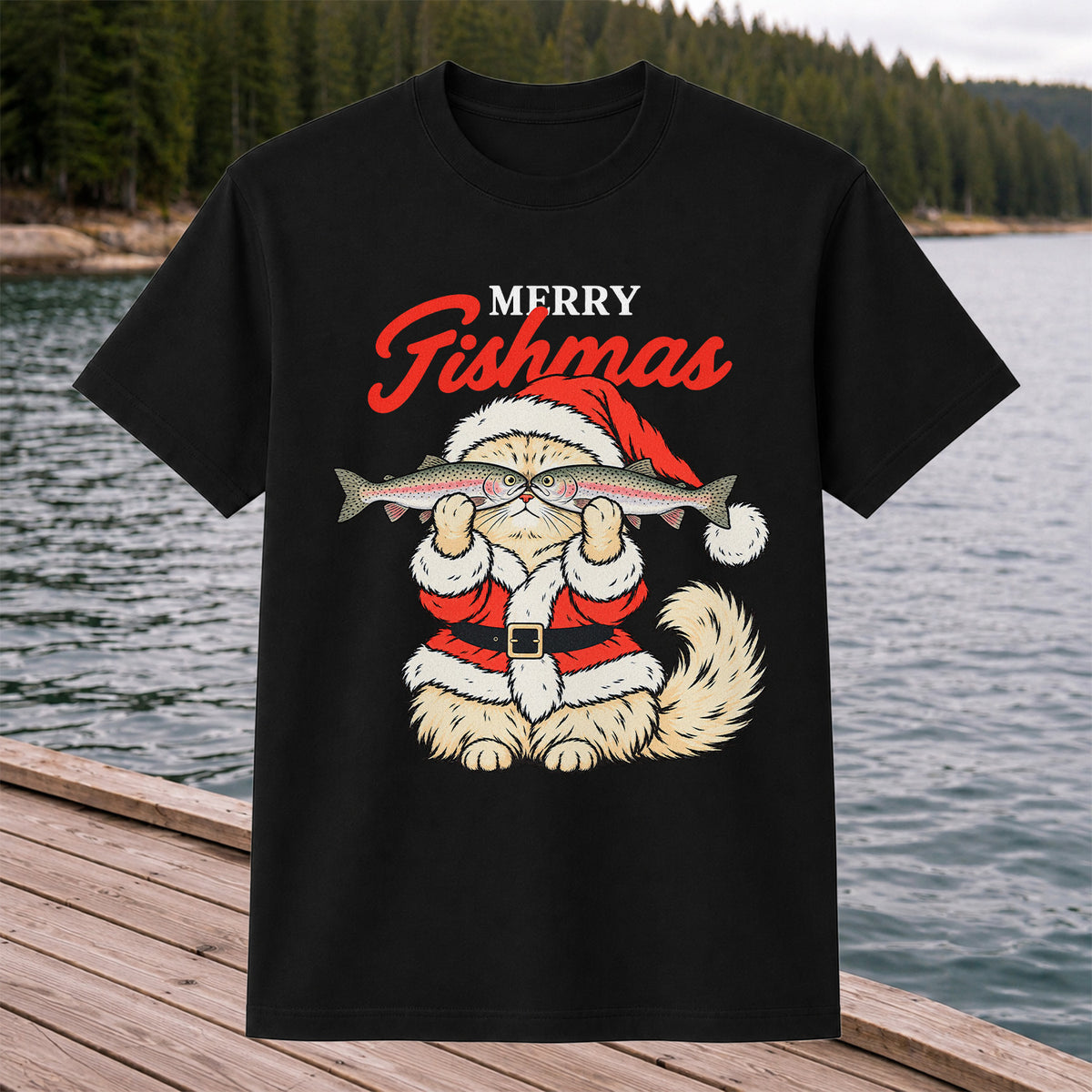 Santa Cat Holding Trout Merry Christmas Fishing T-Shirt
