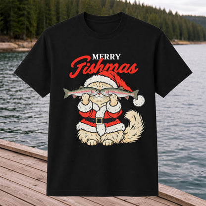Santa Cat Holding Trout Merry Christmas Fishing T-Shirt