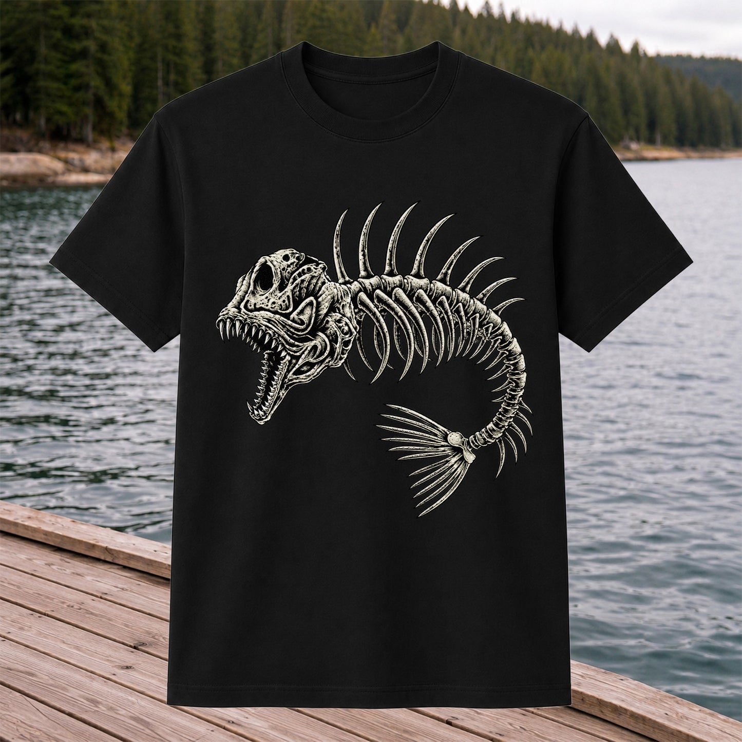 Gothic Fish Skeleton Fishing Graphic T-Shirt
