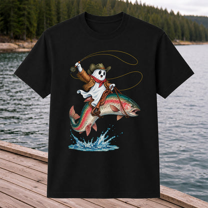 Ghost Cowboy Riding a Rainbow Trout Halloween Fishing T-Shirt